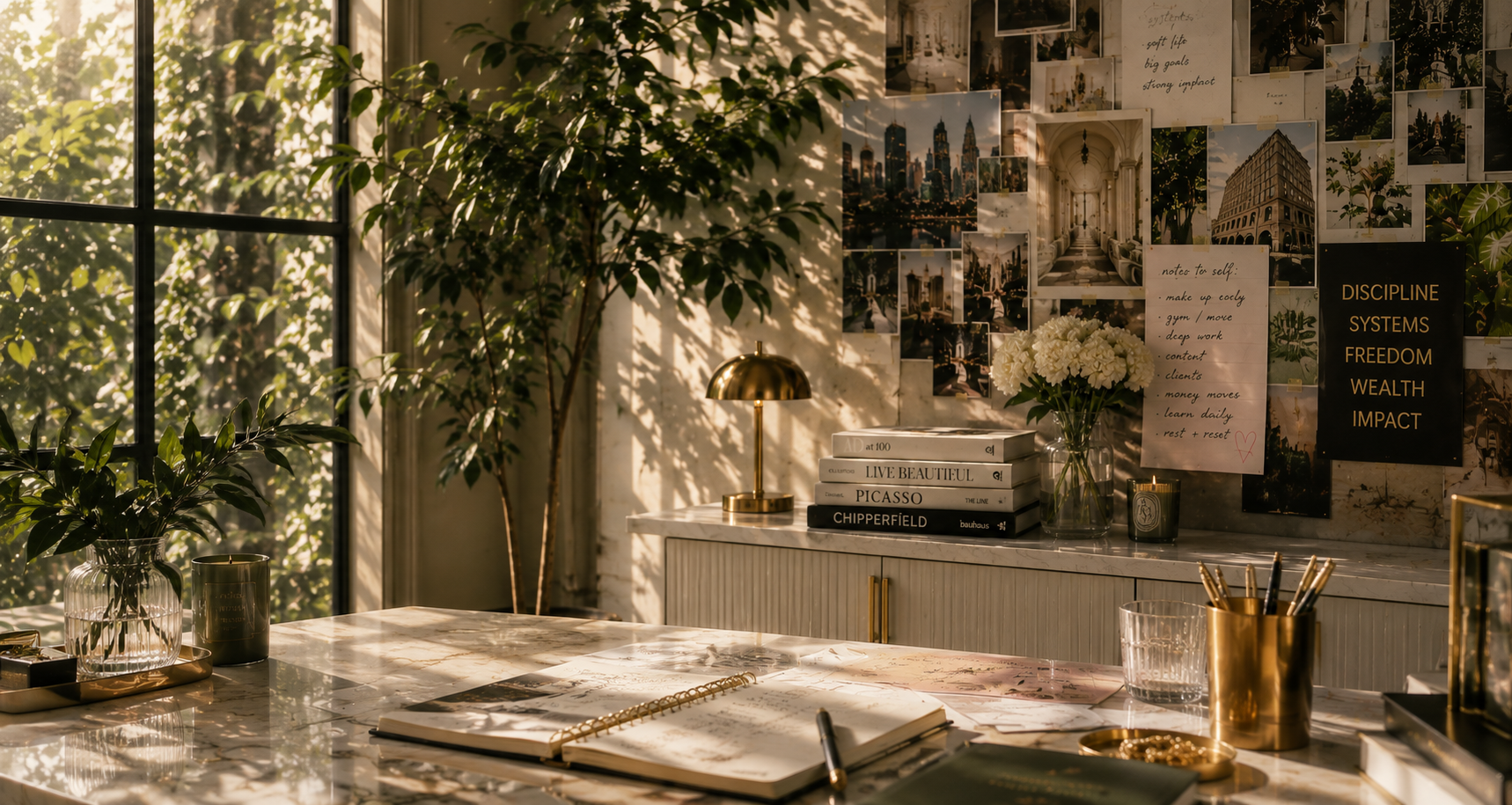 Laurel Luisant's studio: marble desk, brass lamp, and a wall of pinned references in morning light
